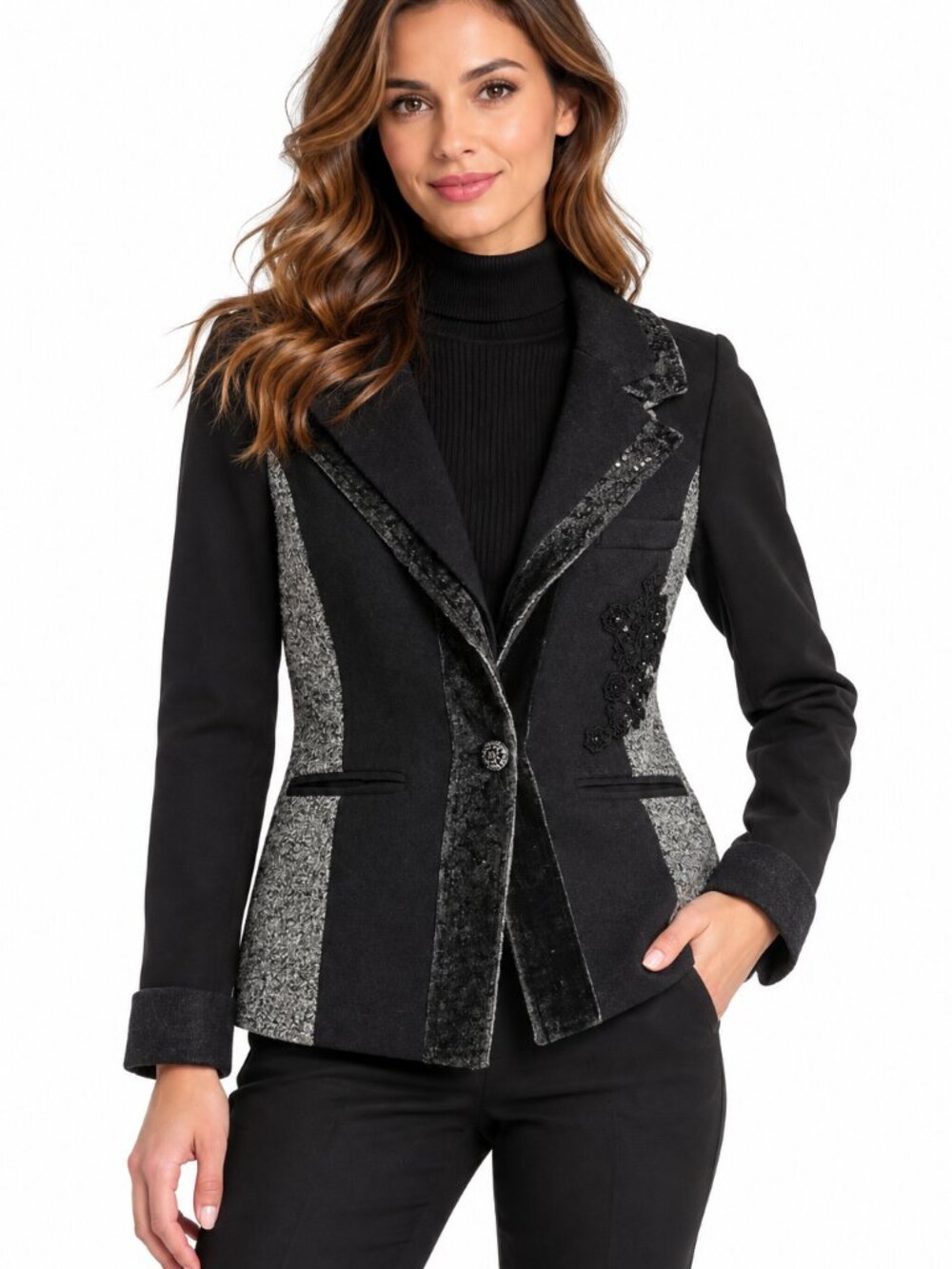 Cartise Wool Blend Sequin & Lace Embellished Mixed Media Blazer Jacket (Size 14